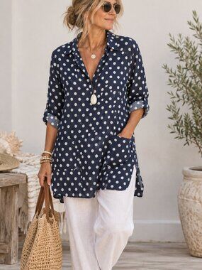 Women’s Navy Polka Dot Linen Blend Style Tunic Top Approx XL Pockets